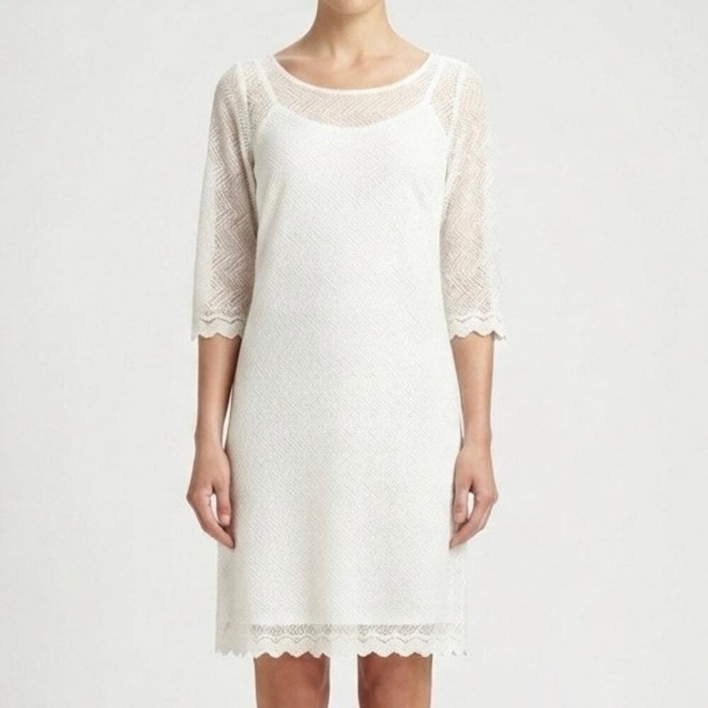 Trina Turk White Scallop Lace Geometric Shift Dress 3/4 Sleeve Full Slip Size 10